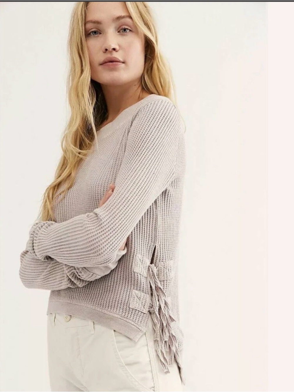 Waffle Knit Long Sleeve Top in Light Taupe